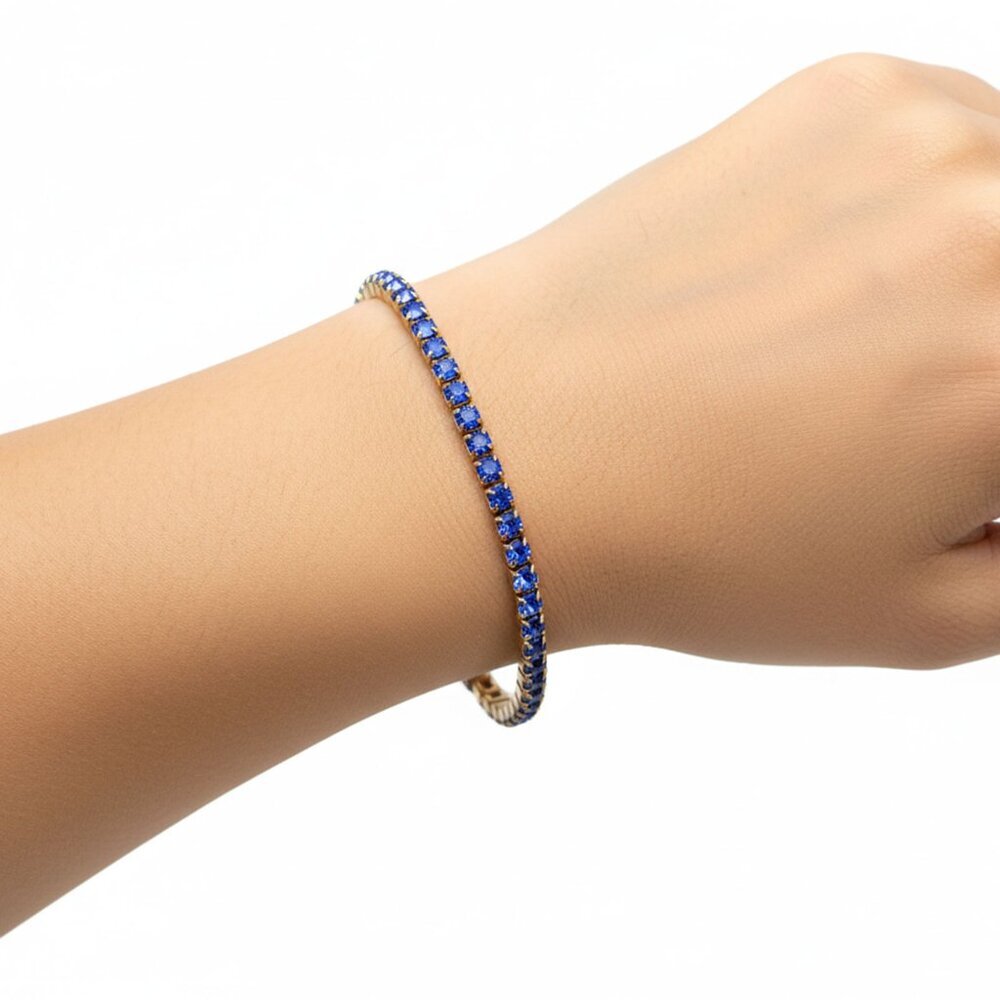 Vtg Gold Tone Blue Rhinestone Tennis Bracelet | Classic Glamour Delicate Estate